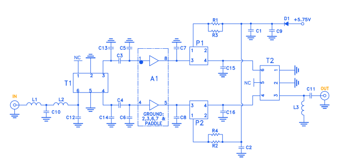 Figure 3: Application circuit for PHA-11+ dual matched MMIC amplifier (A1) in push-pull configuration with Mini-Circuits’ TCM2-33WX+ input balun (T1) and TCM2-43X+ output balun (T2)